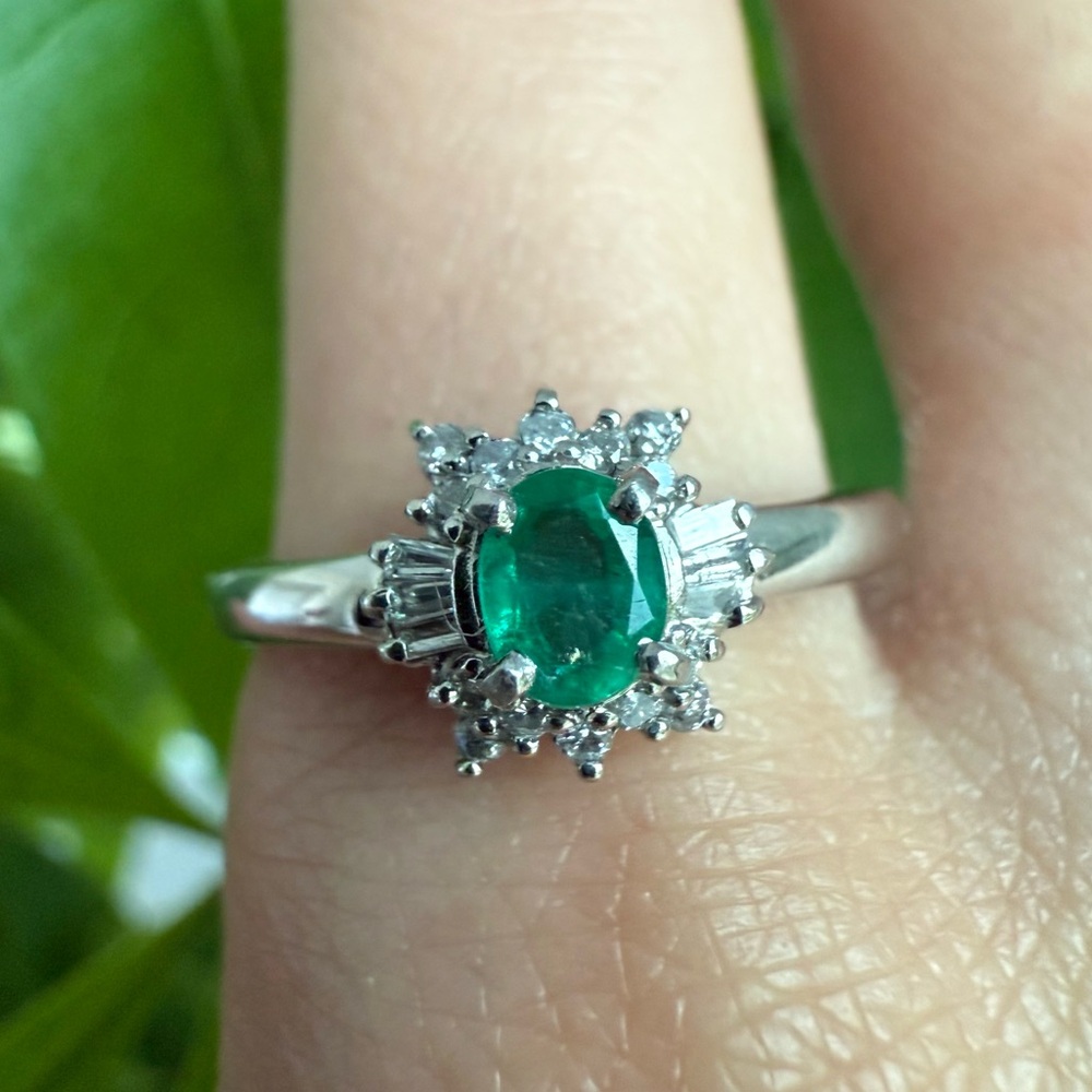 Natural Emerald and Diamond Cocktail Ring in Platinum Size 7